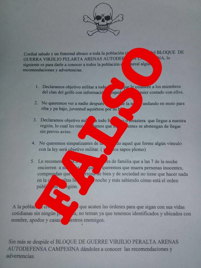 Supuesto panfleto de las Autodefensas Campesinas en Urabá es falso