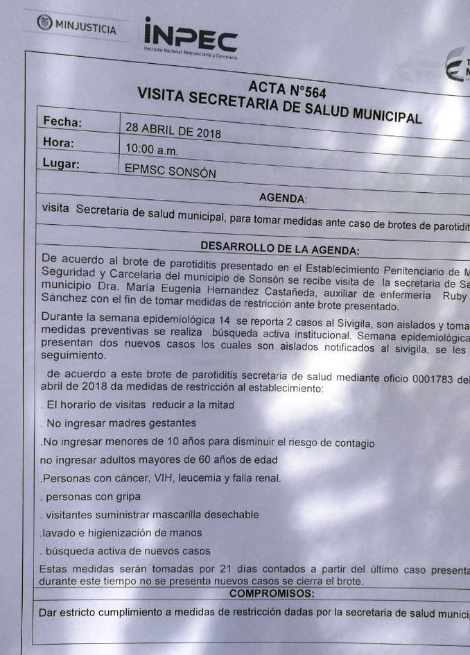 Toman medidas preventivas ante casos de paperas en la cárcel de Sonsón