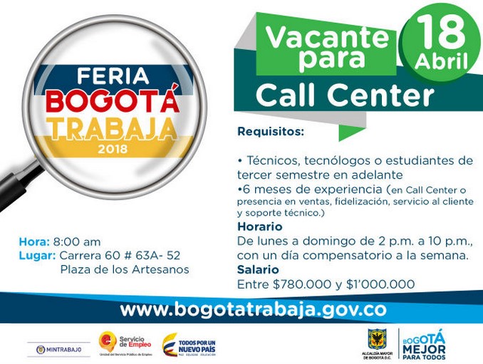 Más de mil vacantes laborales se ofrecerán durante la primera Feria de Empleo de 2018 en Bogotá