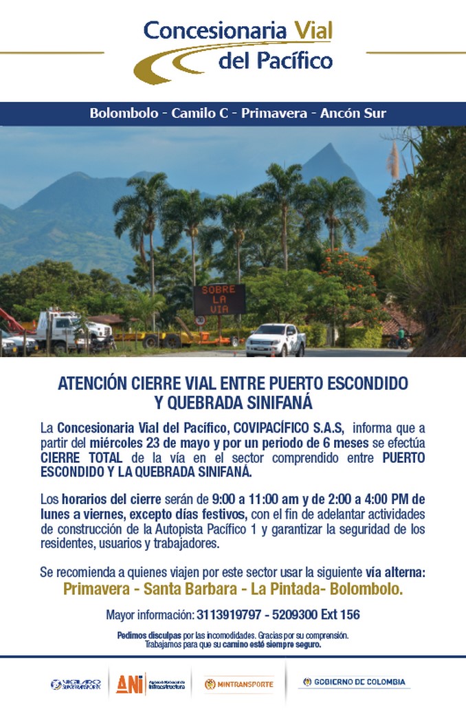 Desde este miércoles habrán cierres de cuatro horas diarias en la vía Amagá – Bolombolo