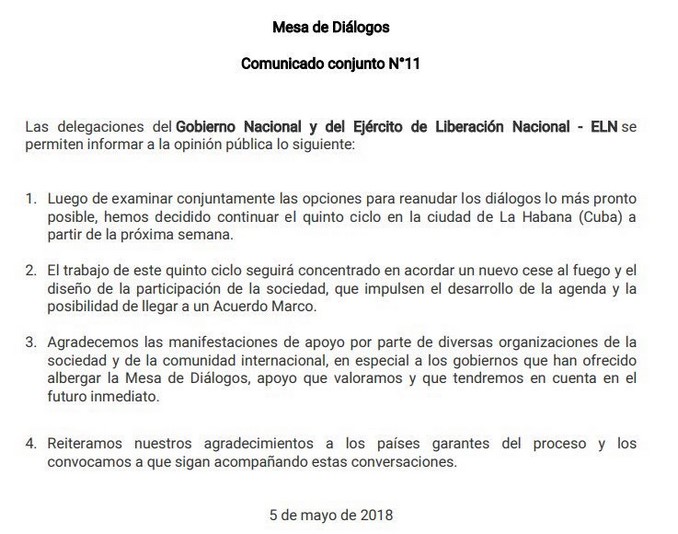 Eln y Gobierno continuarán con el quinto ciclo de conversaciones la próxima semana