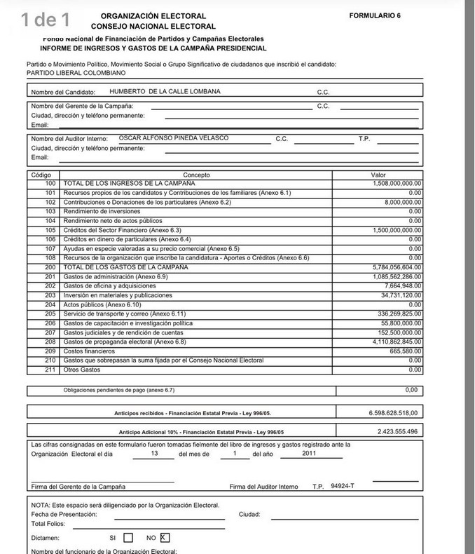 Gastos campaña Humberto de la Calle