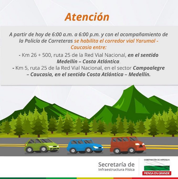 Habilitan la vía Yarumal - Caucasia