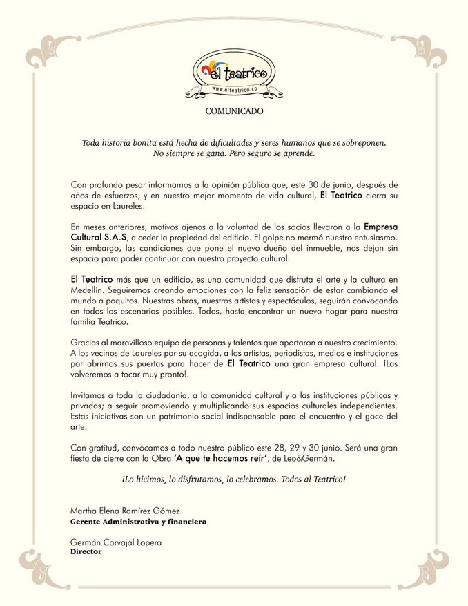 Después de seis años, El Teatrico anuncia que cierra sus puertas