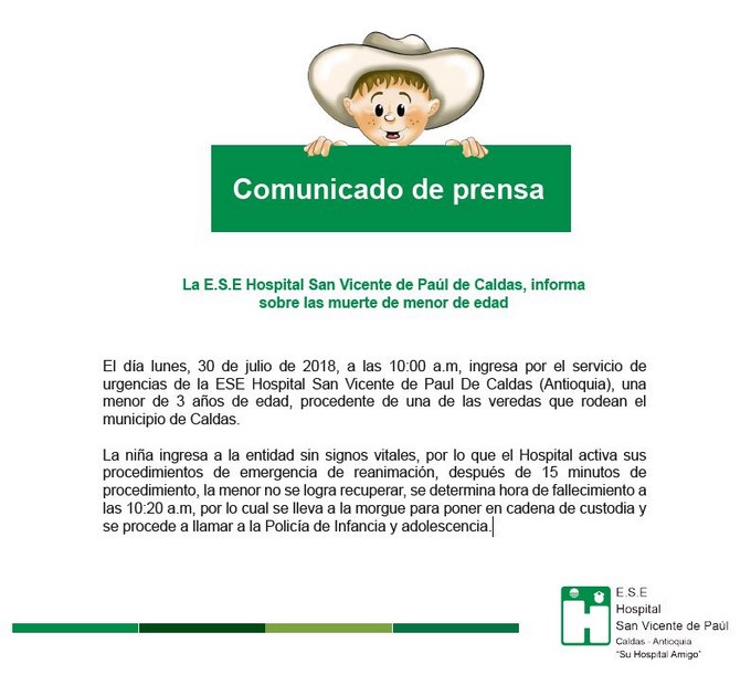 A la niña de 3 años se le hizo reanimación, Hospital San Vicente de Paúl se pronuncia 2 Comunicado de prensa San Vicente de Paul por muerte de ni%C3%B1a de 3 a%C3%B1os