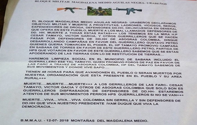 Con panfleto estarían amenazando a 13 líderes de comunidades campesinas en Santander