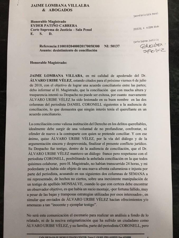Esta es la carta con la que Uribe desistió de la conciliación con Daniel Coronell