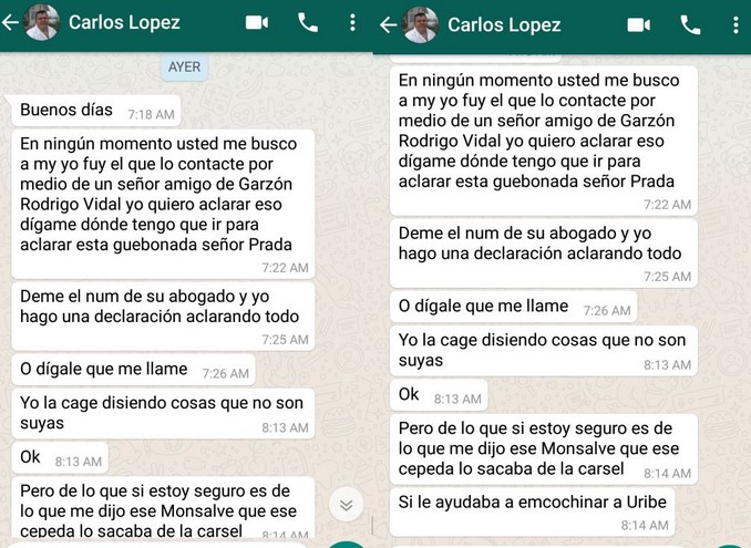 Uribe y Prada revelaron los chats con los que buscan demostrar su inocencia ante la Corte Suprema