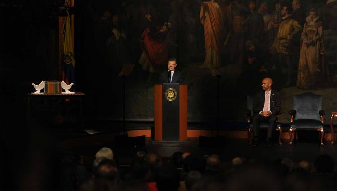 El presidente Juan Manuel Santos durante el lanzamiento de la Biblioteca del Proceso de Paz