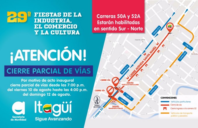 ¡Preste atención! Hay cierre parcial de vías por inauguración de las fiestas en Itagüí