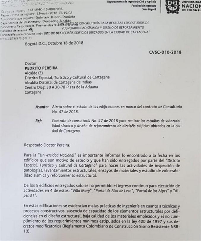 Universidad sugirió la evacuación inmediata de cuatro edificios ilegales en Cartagena