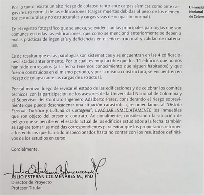 Universidad sugirió la evacuación inmediata de cuatro edificios ilegales en Cartagena