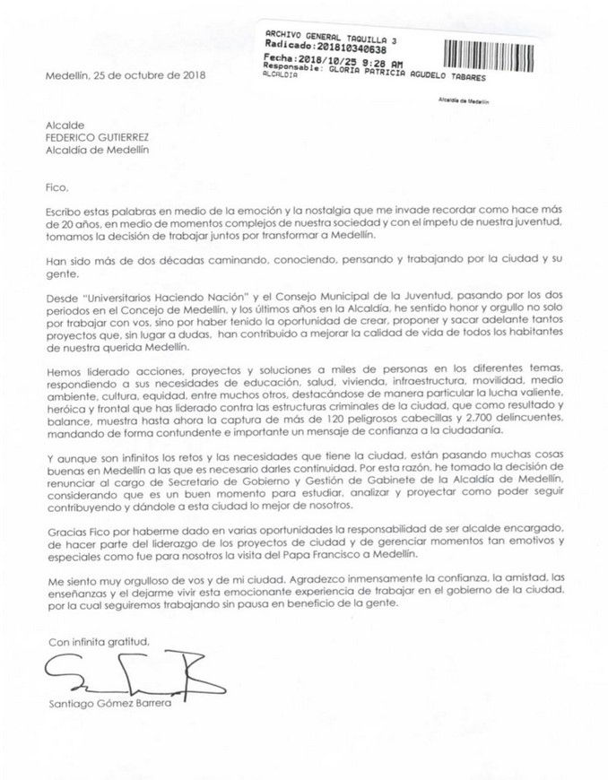 Santiago Gómez Barrera renunció a su cargo como secretario de Gobierno de la Alcaldía de Medellín