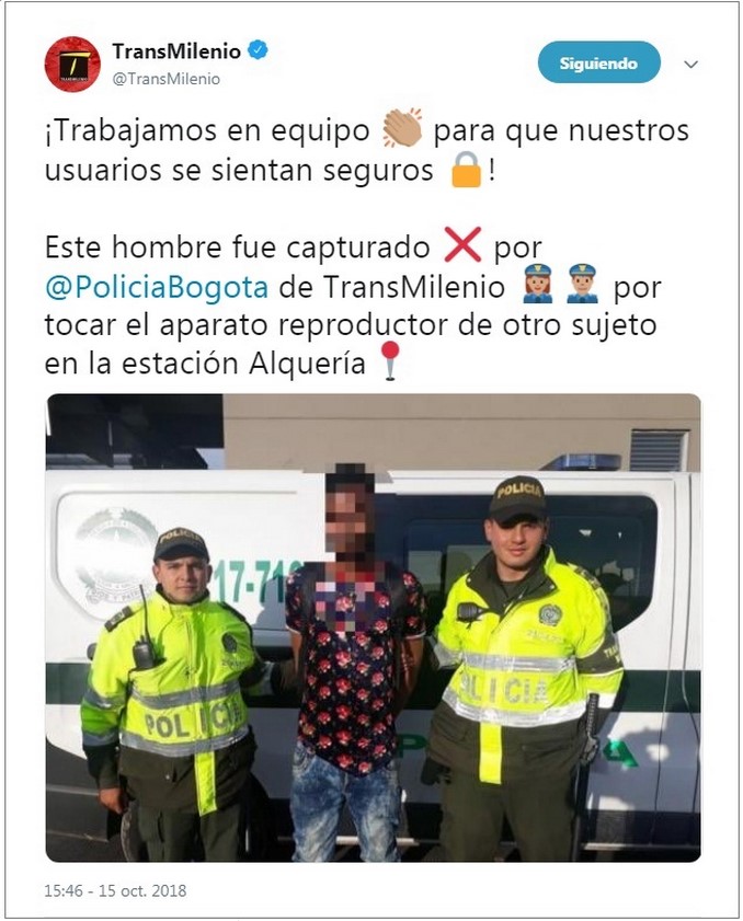 El curioso trino con el que Transmilenio reportó la captura de un hombre que manoseó a otro en una estación