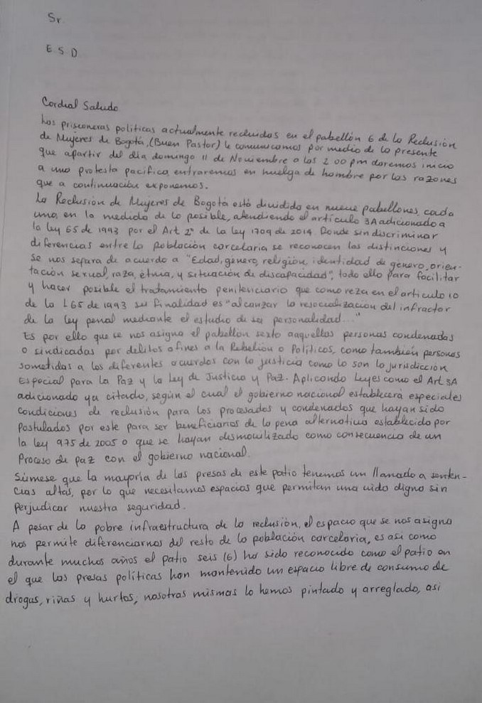 La excombatiente alias 'Sonia' y otras reclusas de la cárcel El Buen Pastor entraron en huelga de hambre