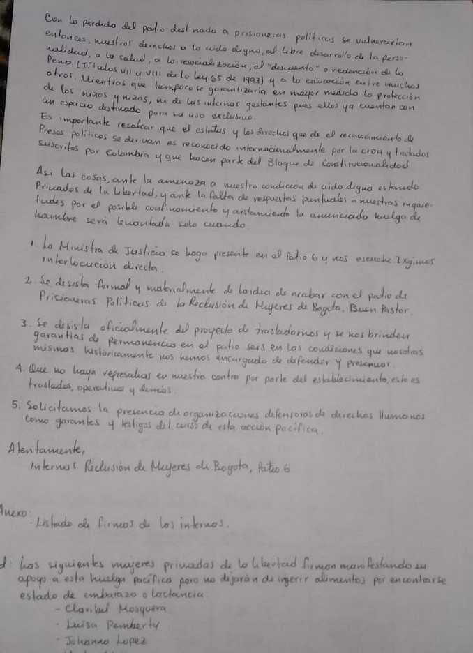 La excombatiente alias 'Sonia' y otras reclusas de la cárcel El Buen Pastor entraron en huelga de hambre