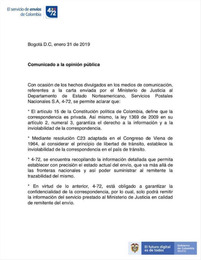 Carta 'Santrich'. 4-72 solo le responderá al Ministerio de Justicia por correspondencia extraviada