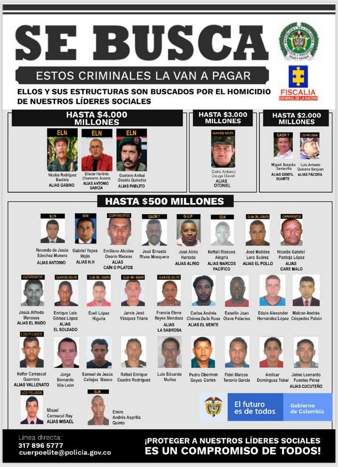 Hasta $ 4 mil millones a quien brinde información sobre los 3 jefes del Eln 5 mas buscados eln