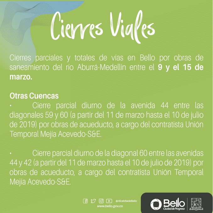 ¡Pilas! Habrá cierres viales en Bello por obras de saneamiento del río Aburrá - Medellín