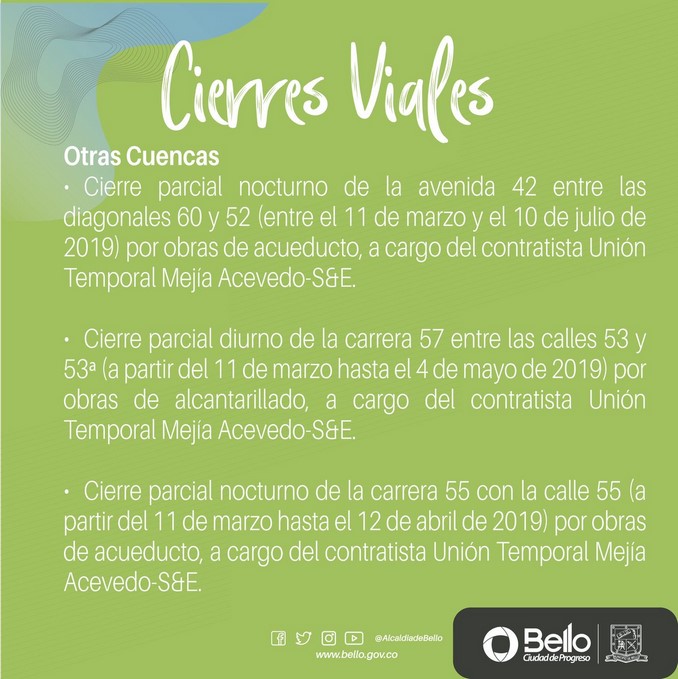 ¡Pilas! Habrá cierres viales en Bello por obras de saneamiento del río Aburrá - Medellín