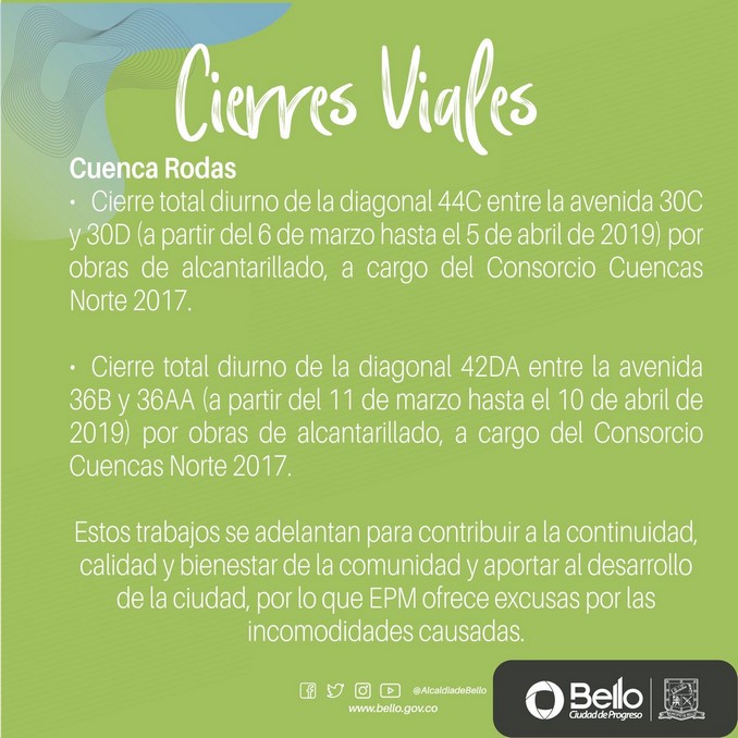 ¡Pilas! Habrá cierres viales en Bello por obras de saneamiento del río Aburrá - Medellín