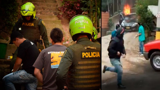 VIDEO: Cogieron a dos de los que prendieron y le dispararon a un carro en Ajizal por no pagar 'vacuna' 1 policias carro quemado