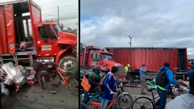 VIDEO: Un camión con gaseosas se chocó en Bogotá y los transeúntes aprovecharon para robarse los productos