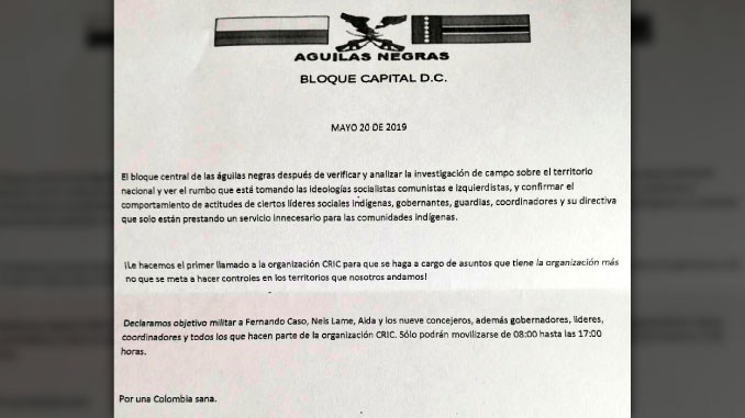 FOTO: Apareció nuevo panfleto amenazante firmado por las 'Águilas Negras' contra líderes indígenas del Cauca 2 aguilas negras