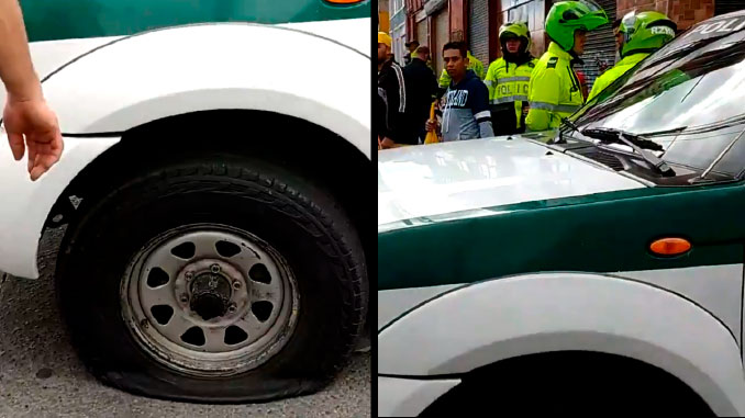 VIDEO: ¡Ni la Policía se salvó! En el paro de taxistas también le pincharon las llantas a una patrulla