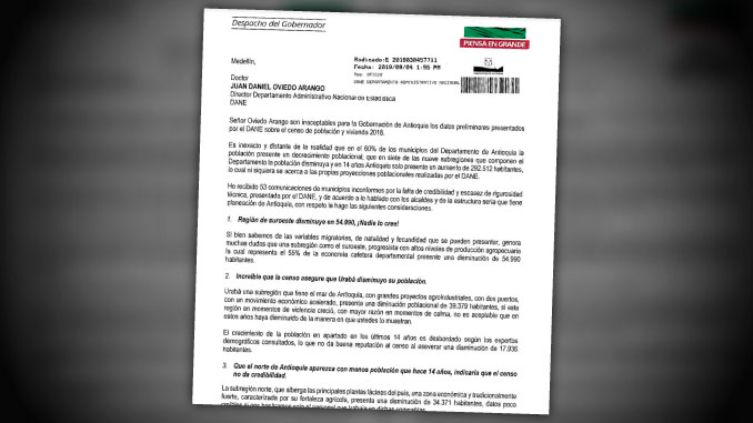 La carta que le envió el gobernador de Antioquia al director del Dane enumerando los datos del censo que “nadie lo cree”