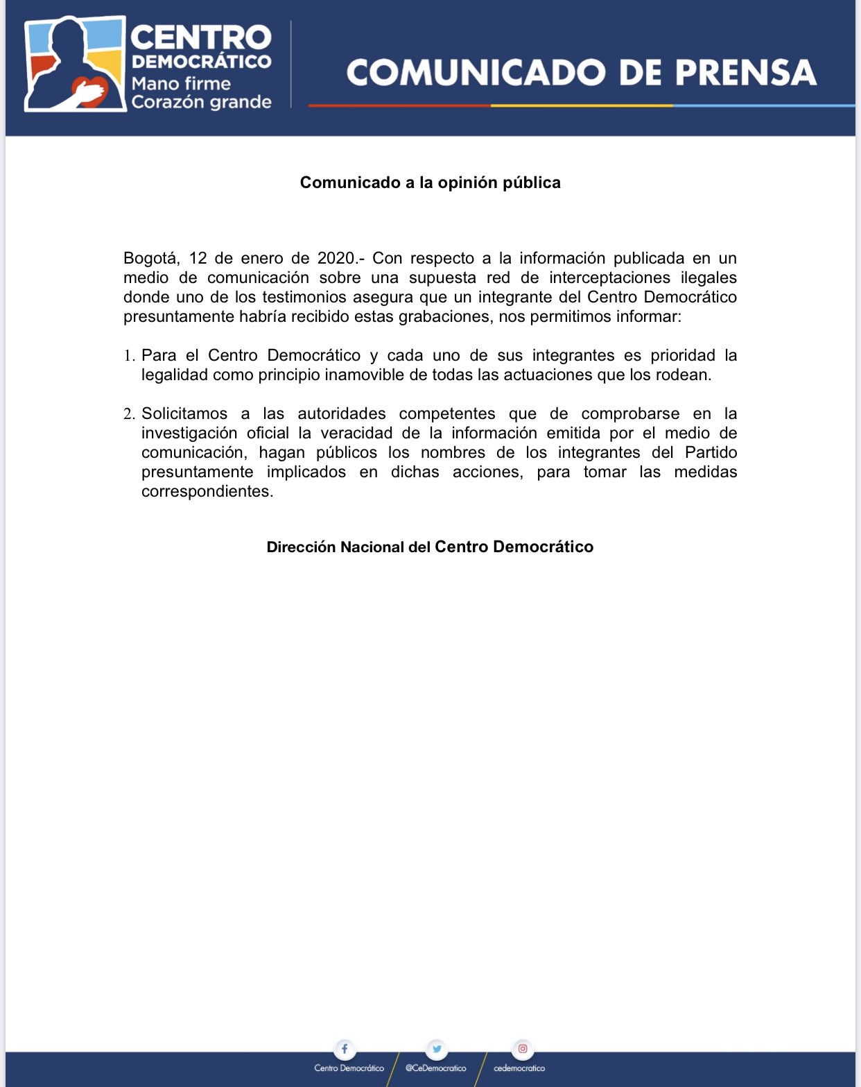 Foto Pronunciamiento Del Partido Centro Democr tico Por Se alamientos 