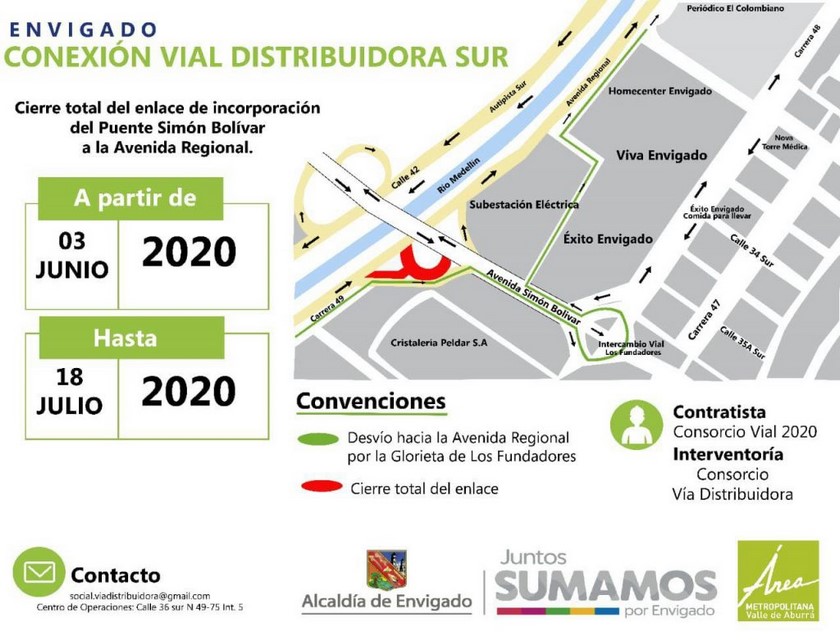 ¡Pilas! Ya inició el cierre del ingreso a la Avenida Regional desde el Puente Simón Bolívar, en Envigado 2 Puente Envigado