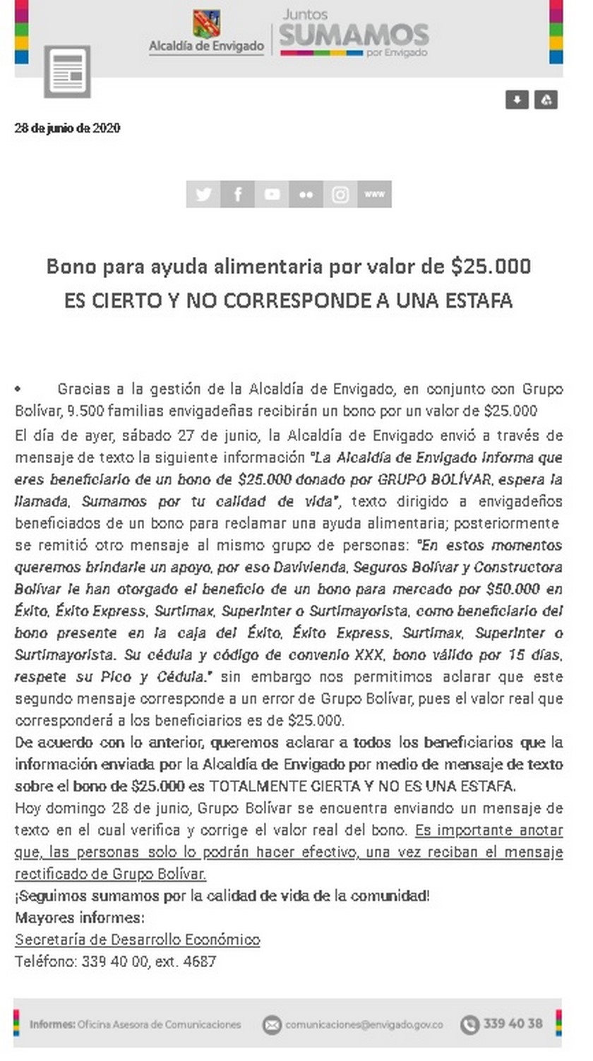 ¡"No es una estafa"!: Palabras de Alcaldía de Envigado sobre bono alimentario 4 comunicadoalcaldíaenvigado