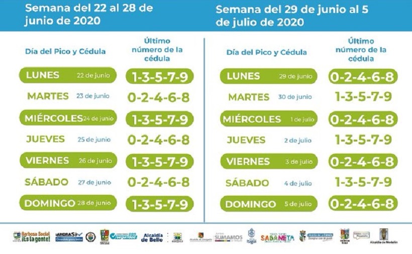 Este es el Pico y Cédula que regirá desde el 22 de junio al 5 de julio en el Valle del Aburrá
