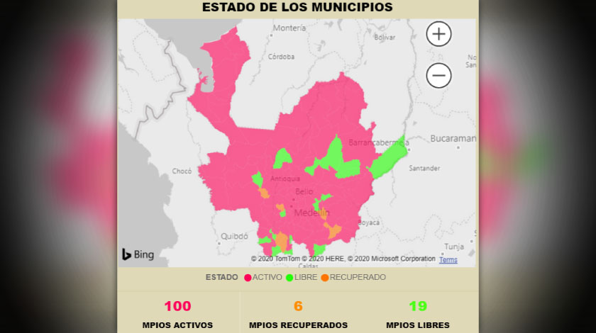100 municipios con casos activos de coronavirus tiene Antioquia