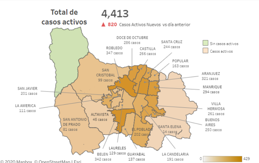 Los 820 nuevos casos de Covid-19 en Medellín dejan el mapa de contagios ASÍ