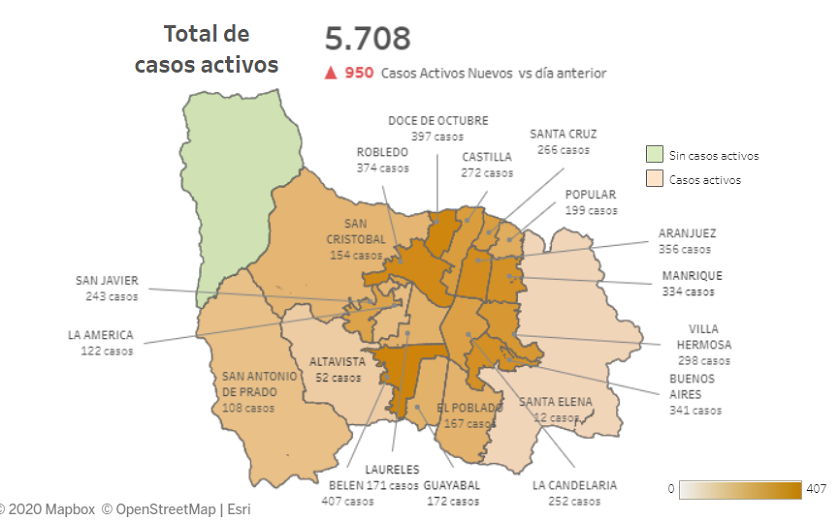 Los casos activos del coronavirus en Medellín suman 5.708: así está el mapa de contagios