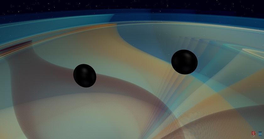 Simulación de dos agujeros negros que se fusionan emitiendo ondas gravitacionales.
