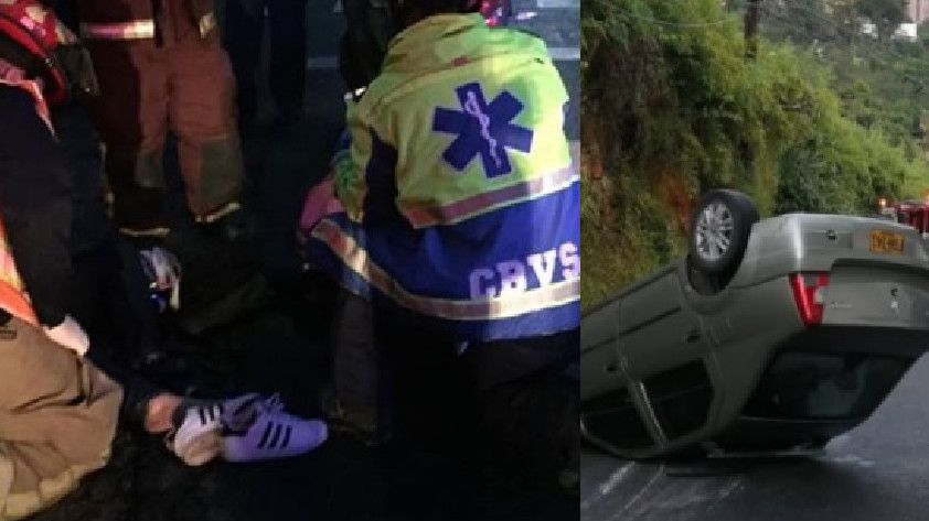 FOTOS: Un carro volcado y un choque, entre los accidentes de tránsito reportados en la mañana de este domingo al sur de Valle de Aburrá