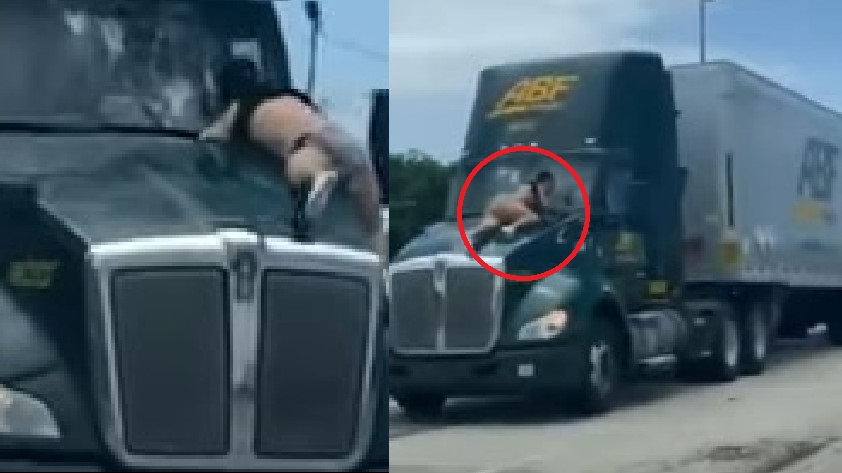 VIDEO: ¡Qué peligro! Un hombre se colgó del parabrisas de un camión en plena autopista y salió ileso