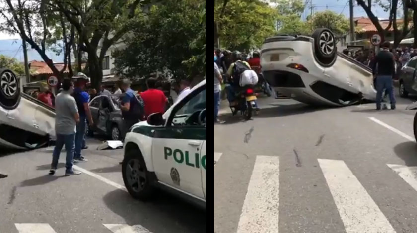VIDEO: ¡Qué susto! Dos carros protagonizaron aparatoso accidente en la Avenida Bolivariana y uno terminó volcado