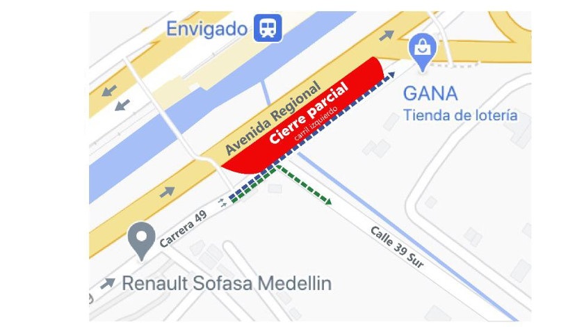 Desde hoy hay cierre parcial del carril izquierdo de la Carrera 49 en Envigado, a la altura de la estación del Metro