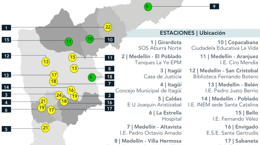 FOTO: Solo quedan cuatro medidores de calidad del aire en el Valle de Aburrá en verde, los demás están en amarillo