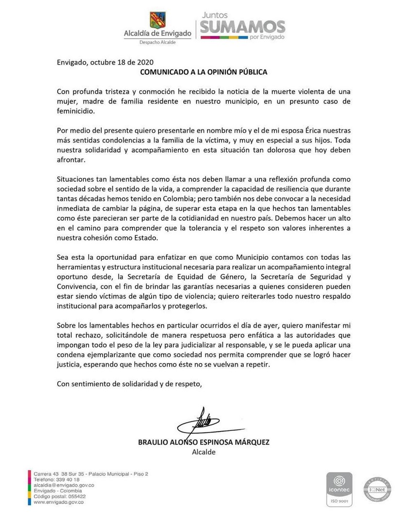 ¡Le dio 34 puñaladas! Sanguinario feminicidio en Envigado, la víctima habría sido atacada por su expareja 2 comunicado alcalde de envigado