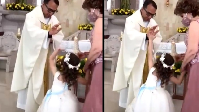VIDEO: ¡’Qué inocencia’! Niña le chocó la mano a un sacerdote cuando la estaba bendiciendo