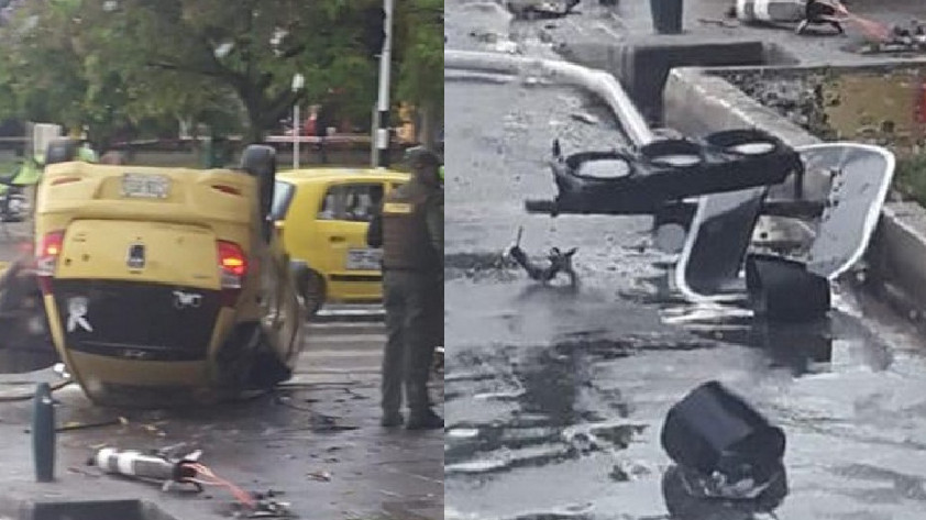 FOTOS: Tremendo accidente se presentó por la estación Fátima del Metroplús, un taxi quedó volcado en plena vía