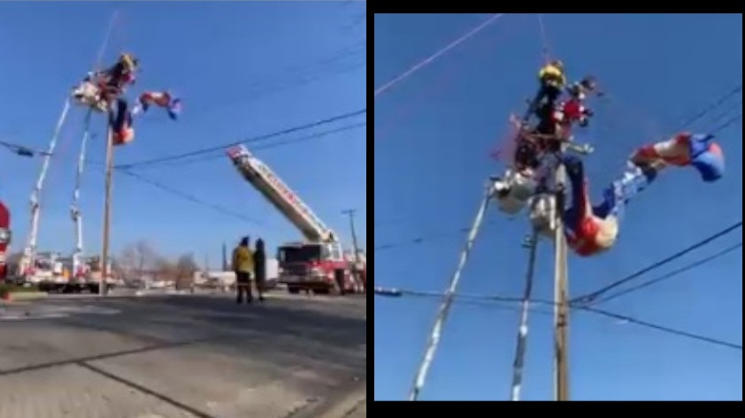 VIDEO: Papá Noel casi termina electrocutado mientras surcaba los cielos en parapente de motor