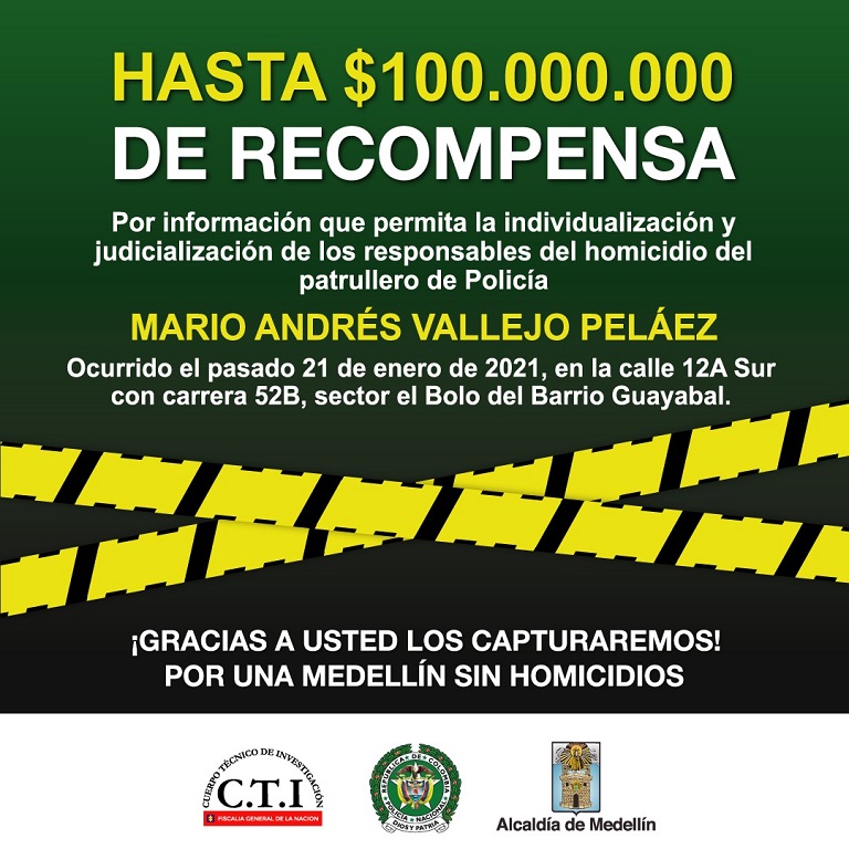 Policía identifica a presunta banda responsable del asesinato del patrullero Mario Andrés Vallejo 2 recompensa