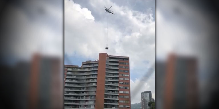 Video: ¡Qué extravagancia! En helicóptero transportaron un jacuzzi a edificio de El Poblado