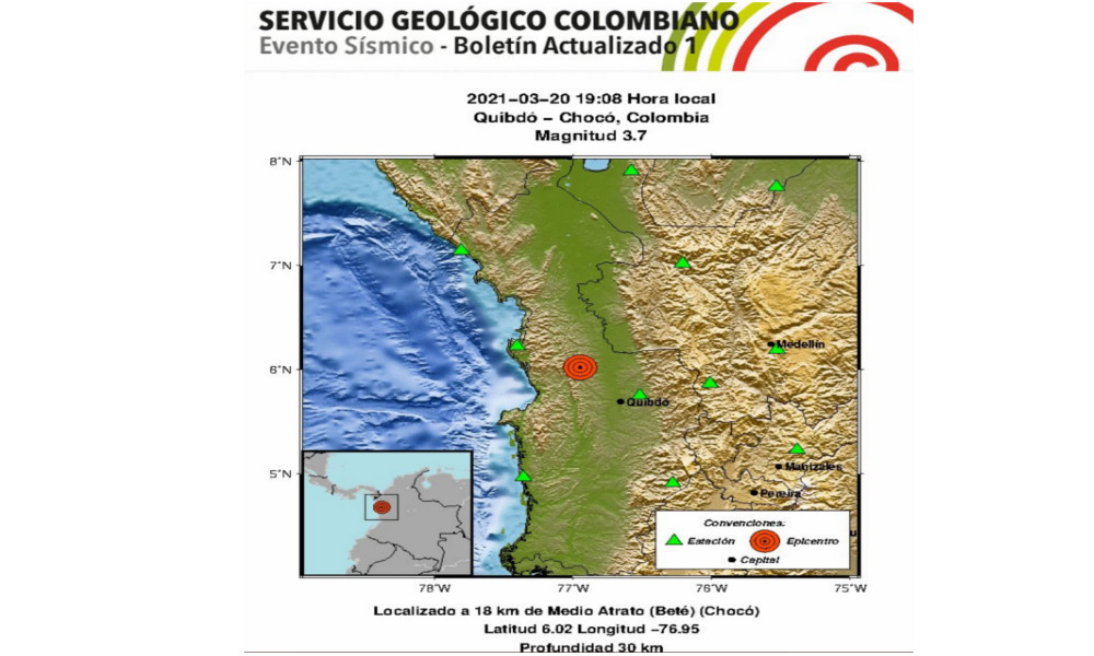 ¡Tembló! El epicentro fue en Quibdó, Chocó